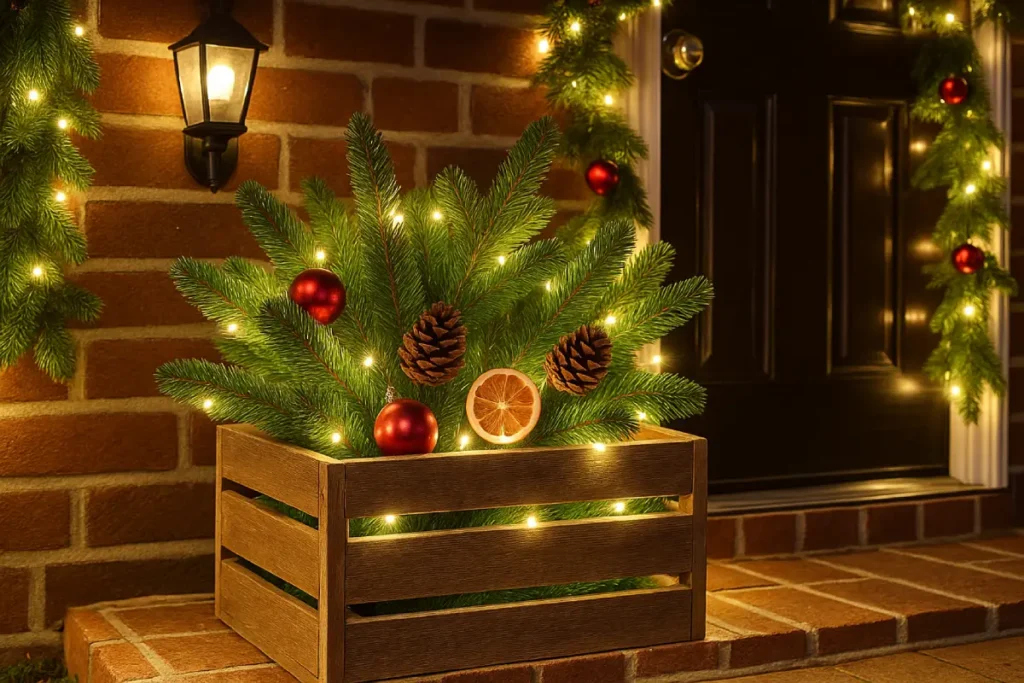 Holzkiste mit Tannenzweigen weihnachtlich dekoriert Weihnachtsdeko für den Hauseingang – Mit diesen 5 Ideen begrüßen Sie Ihre Gäste festlich