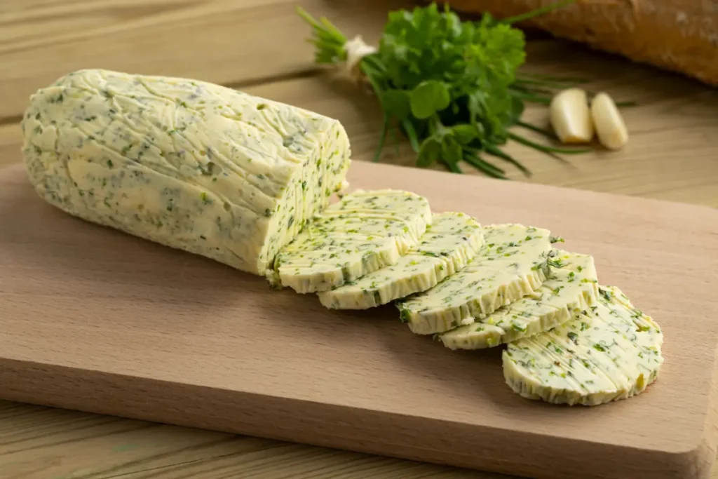 Kräuterbutter auf einem Holzbrett Kräuter einfrieren - 5 einfache Möglichkeiten mit Anleitung vorgestellt