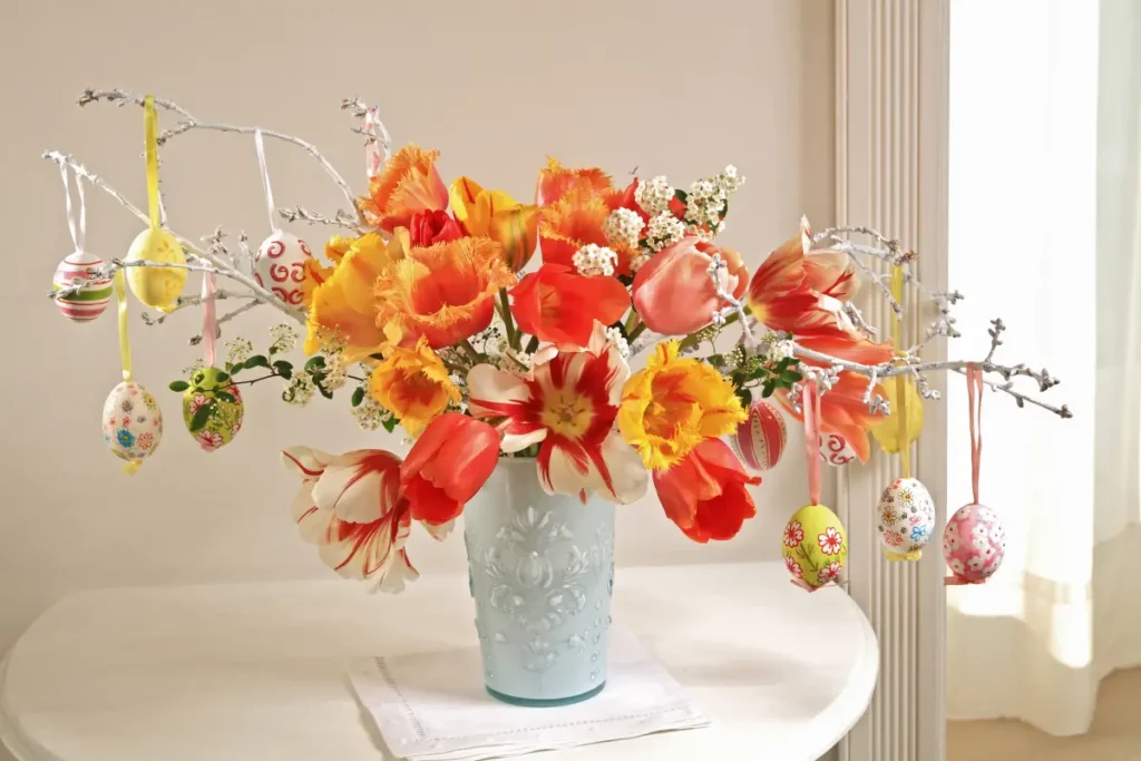 Osterstrauch mit Tulpen und bunten Eiern Osterstrauch: Diese Pflanzen eignen sich für einen Frühlingsstrauch