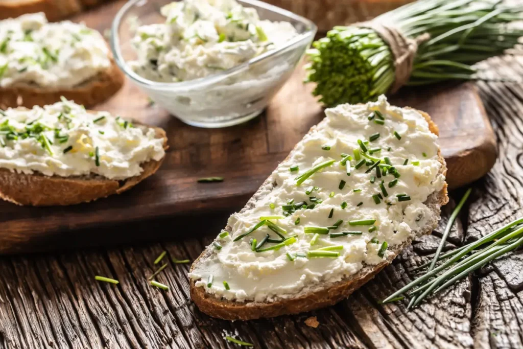 Schnittlauch auf einem Brot mit Frischkäse Schnittlauch