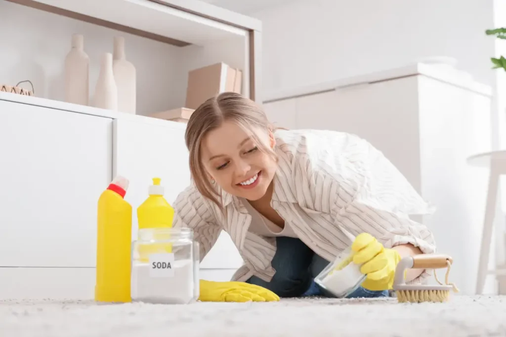 Frau gibt Soda auf einen Teppich Gerüche aus dem Teppich entfernen - Die besten Hausmittel & Tipps für einen frischen Duft