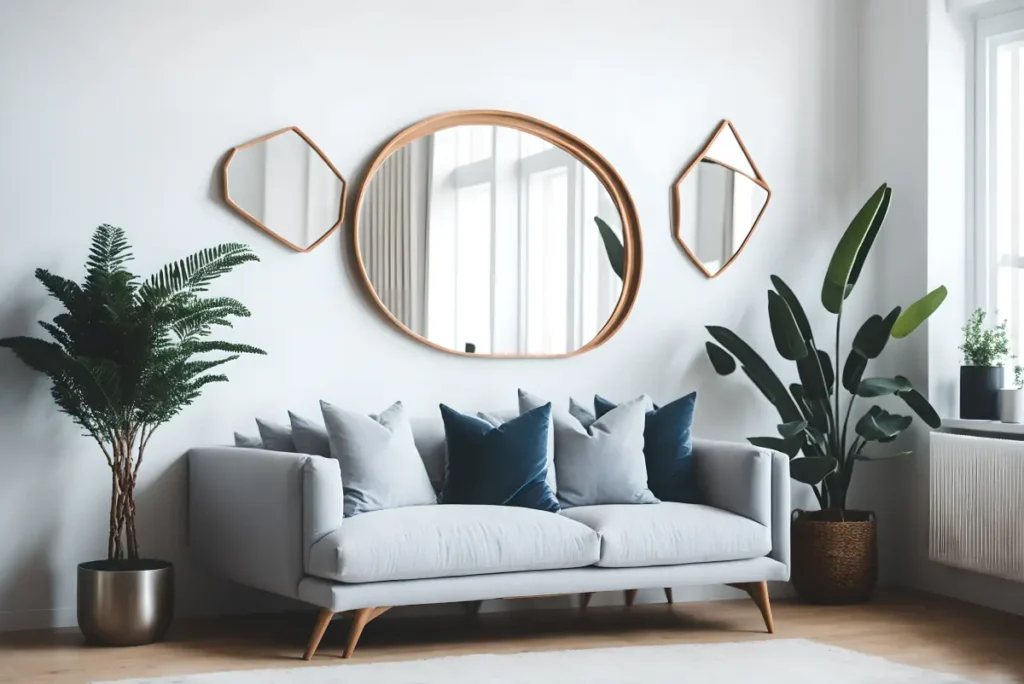 Spiegel über einem Sofa im Wohnzimmer Wände verschönern Spiegel