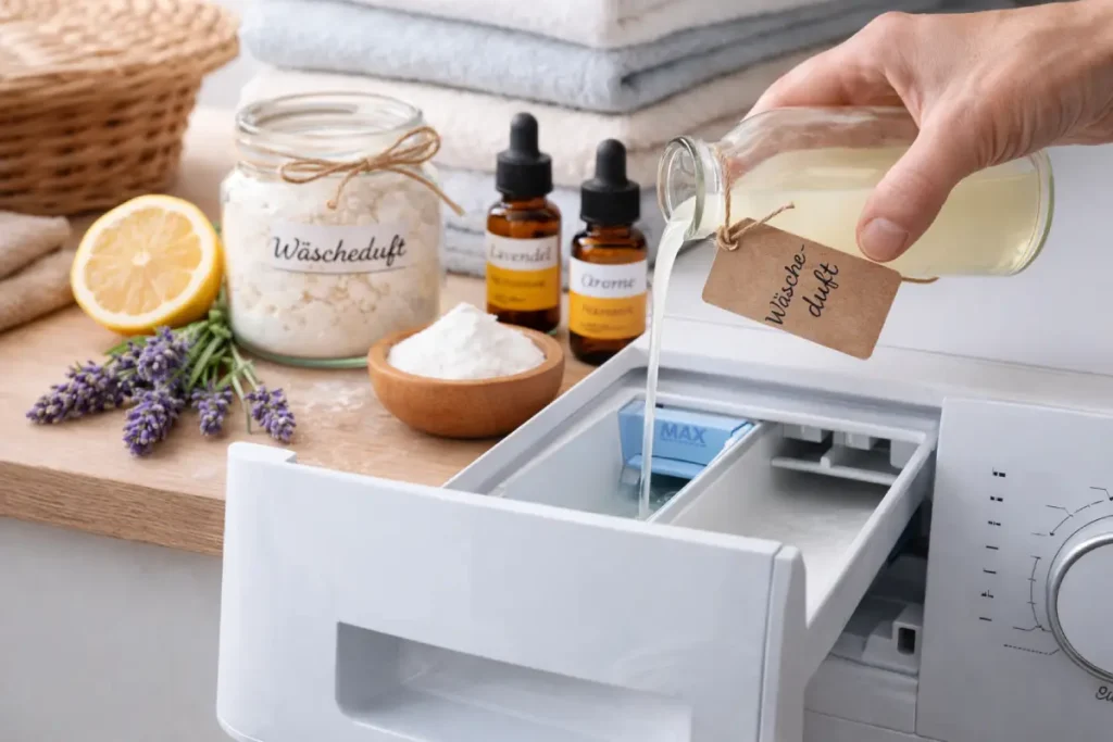 Frau gießt DIY-Wäscheduft in die Waschmaschine Wäscheduft selber machen - Meine Tipps für Waschmaschine & Wäschetrockner